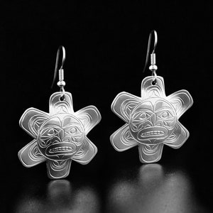 Kanadische Indianer, Hand geschnitzte Sterling Silber Große Sonnen Ohrringe, Schmuck der Ureinwohner, Kwakwaka&#39;wakw