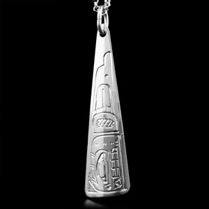Canadian First Nations, Hand Carved Sterling Silver Long Triangle Orca Pendant, Indigenous Native Jewellery, Coast Salish