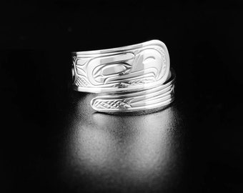 Canadian First Nations, Hand Carved Sterling Silver 3/8" Eagle Wrap Ring, Indigenous Native Jewellery, Kwakwaka'wakw