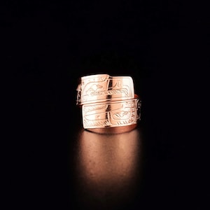 Canadian First Nations, Hand Carved Copper Hummingbird and Eagle Wrap Ring, Indigenous Native Jewellery, Coast Salish