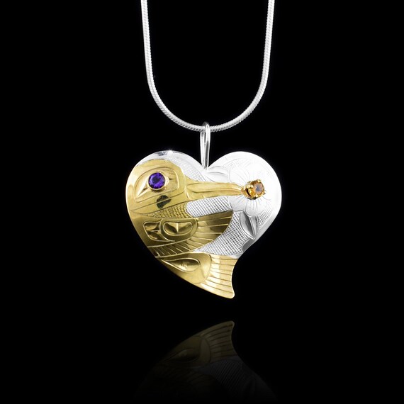 Canadian Indigenous, Hand Carved Silver Hummingbird Gold Heart