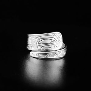Northwest Coast Indigenous, Hand Carved Sterling Silver 3/8&quot; Tapered Orca Wrap Ring, First Nations Jewellery, Kwakwaka&#39;wakw