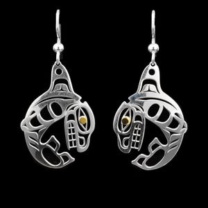 Canadian First Nations, Cutout Silver and Gold Orca Earrings, Indigenous Native Jewellery, Tahltan Nation