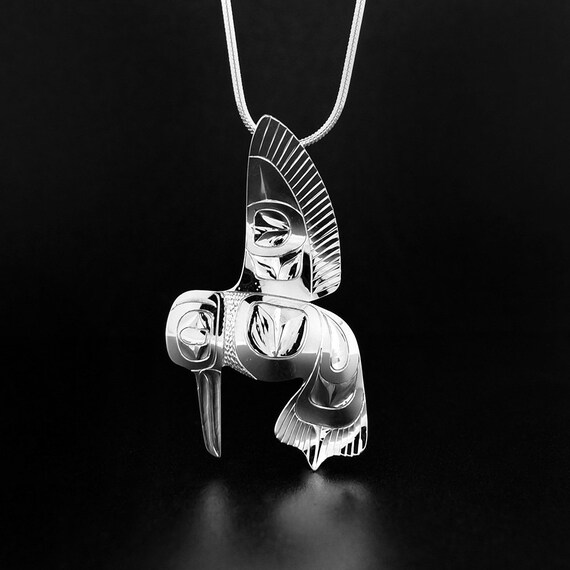 Canadian Indigenous, Hand Carved Sterling Silver Hummingbird in Flight  Pendant, First Nations Native Jewellery, Tlingit