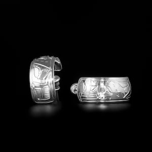 Canadian First Nations, Hand Carved Sterling Silver 3/8&quot; Eagle Hoop Earrings, Indigenous Native Jewellery, Coast Salish