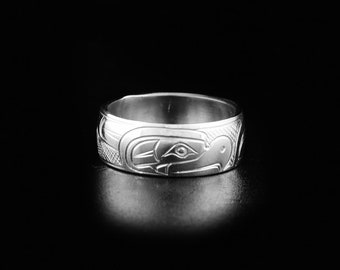 Canadian First Nations, Hand Carved Sterling Silver 1/4" Eagle Ring, Indigenous Native Jewellery, Coast Salish