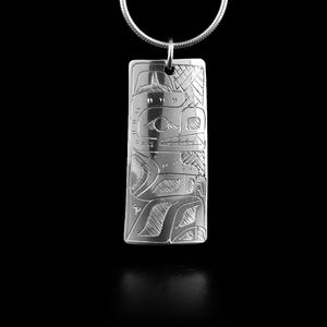 Canadian First Nations, Hand Carved Silver, Rectangle Raven and Bear Pendant, Indigenous Native Jewellery, Coast Salish