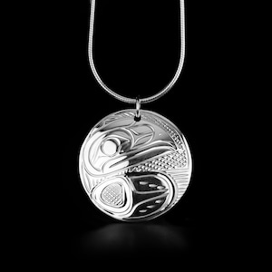 Canadian First Nations, Hand Carved Sterling Silver Round Raven Pendant, Indigenous Native Jewellery, Kwakwaka'wakw