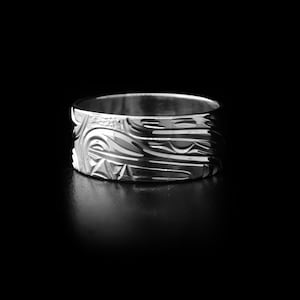 Northwest Coast Indigenous, Hand Carved Heavy Gauge 3/8" Sterling Silver Bear Ring, First Nations Jewellery, Kwakwaka'wakw
