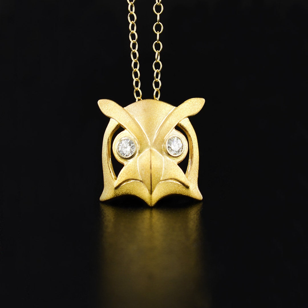 14K Brushed Yellow Gold Owl Pendant With Diamonds, Dennis Kangasniemi ...