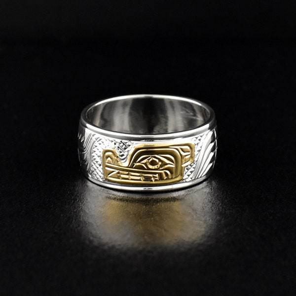 Northwest Coast Indigenous, Hand Carved Sterling Silver and 14K Gold Wide Wolf Ring, First Nations Jewellery, Kwakwaka'wakw