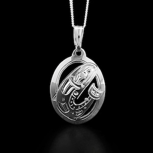 Canadian First Nations, Hand Carved Sterling Silver Oval Salmon Pendant, Indigenous Native Jewellery, Kwakwaka&#39;wakw