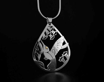 Canadian First Nations, Cutout Sterling Silver and 18K Gold Hummingbird Pendant, Indigenous Native Jewellery, Tahltan Nation