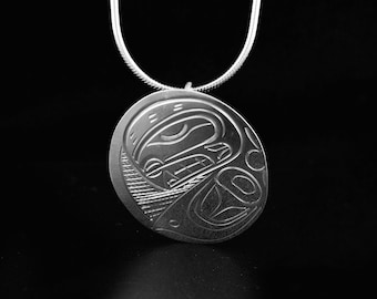 West Coast Native, Hand Carved Sterling Silver Oval Orca Pendant, First Nations Native Jewellery, Kwakwaka'wakw