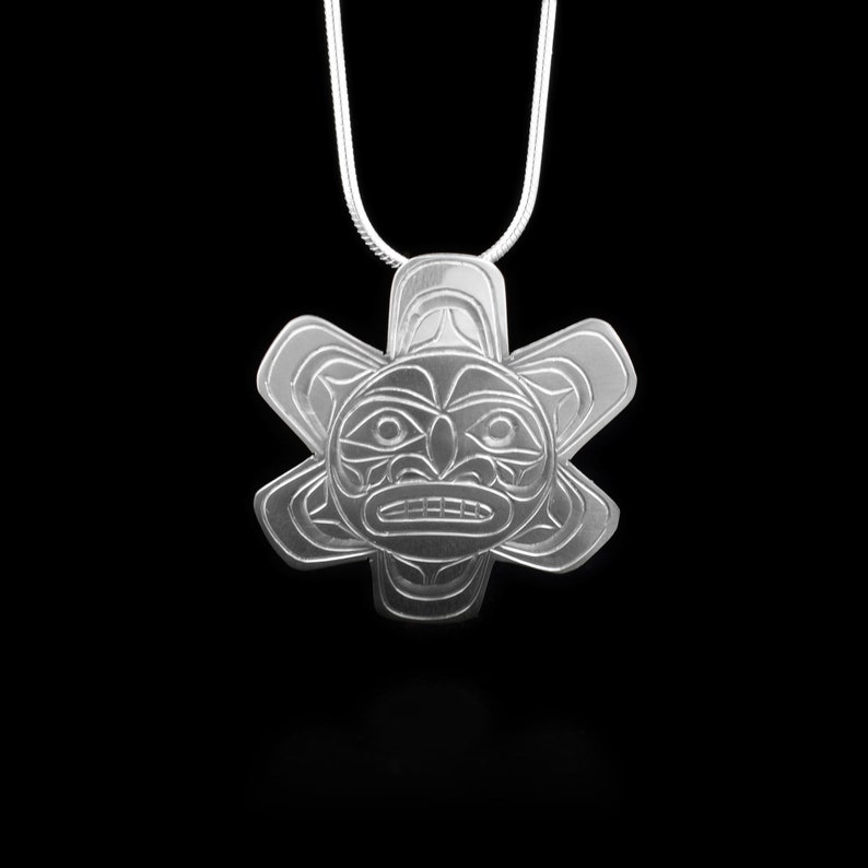 Canadian First Nations, Hand Carved Sterling Silver Small Sun Pendant, Indigenous Native Jewellery, Kwakwaka'wakw image 1