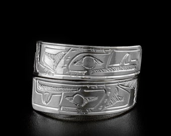 Canadian First Nations, Hand Carved Sterling Silver 1/4" Double Eagle Wrap Ring, Indigenous Native Jewellery, Coast Salish