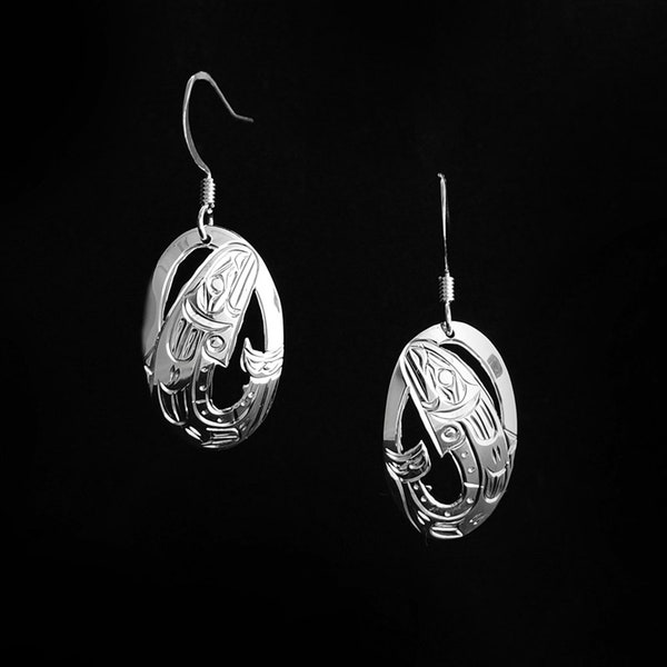 Canadian First Nations, Hand Carved Sterling Silver Oval Salmon Earrings, Indigenous Native Jewellery, Kwakwaka'wakw