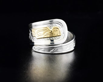 Northwest Coast Indigenous, Hand Carved Sterling Silver and 14K