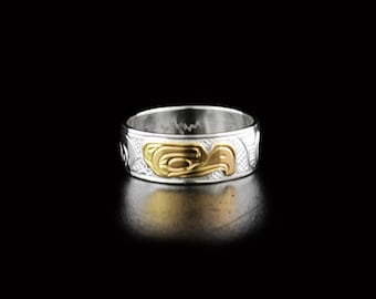 Northwest Coast Indigenous, Hand Carved 1/4" Eagle Silver and Gold Ring, First Nations Jewellery, Kwakwaka'wakw