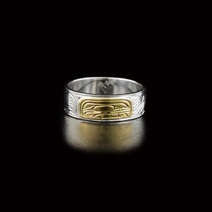 Northwest Coast Indigenous, Hand Carved Sterling Silver and 14K Gold 1/4&quot; Orca Ring, First Nations Jewellery, Kwakwaka&#39;wakw
