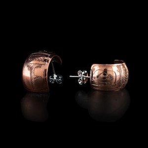Canadian First Nations, Hand Carved Wide Orca Copper Hoop Earrings Studs, Indigenous Native Jewellery, Coast Salish