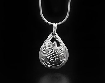 Canadian Indigenous, Hand Carved Sterling Silver Pear Shaped Bear Pendant, First Nations Native Jewellery, Kwakwaka'wakw