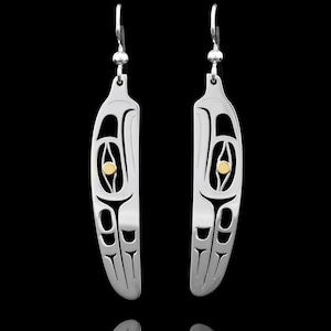 Canadian First Nations, Silver and Gold Eagle Feather Earrings, Indigenous Native Jewellery, Tahltan Nation