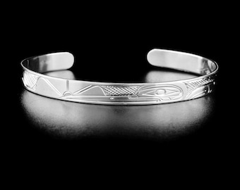 Canadian First Nations, Hand Carved Sterling Silver 1/4" Hummingbird Cuff Bracelet, Indigenous Native Jewellery, Kwakwaka’wakw