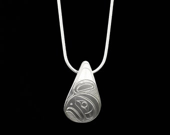 Canadian Indigenous, Hand Carved Sterling Silver Teardrop Eagle Pendant, First Nations Native Jewellery, Coast Salish