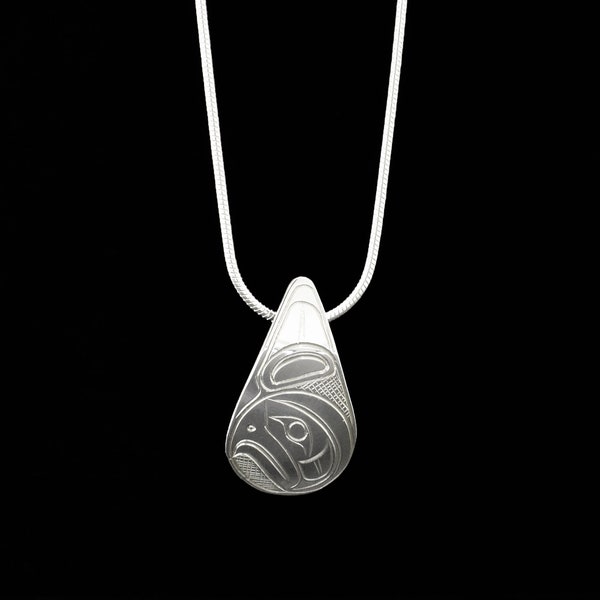 Canadian Indigenous, Hand Carved Sterling Silver Teardrop Eagle Pendant, First Nations Native Jewellery, Coast Salish