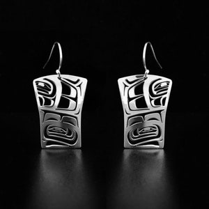 Canadian First Nations, Cutout Sterling Silver Raven Box Crest Earrings, Indigenous Native Jewellery, Tahltan Nation
