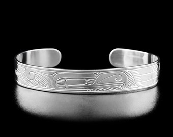 Canadian First Nations, Hand Carved Sterling Silver 3/8" Thunderbird Cuff Bracelet, Indigenous Native Jewellery, Kwakwaka'wakw