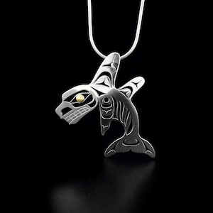 Canadian First Nations, Sterling Silver and 18K Gold Double Fin Orca Pendant, Indigenous Native Jewellery, Tahltan Nation