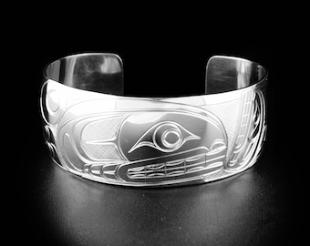 Bracciale rigido Orca da 1" in argento sterling intagliato a mano, delle Prime Nazioni canadesi, gioielli indigeni nativi, Coast Salish