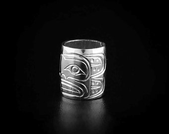 Canadian First Nations, Hand Carved Sterling Silver Sun Charm Bead, Indigenous Native Jewellery