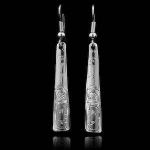 Canadian First Nations, Hand Carved Dangling Drop Orca Earrings Silver, Indigenous Native Jewellery, Coast Salish