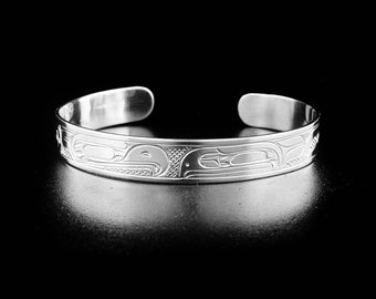 Canadian First Nations, Hand Carved Sterling Silver 3/8" Eagle and Raven Cuff Bracelet, Indigenous Native Jewellery, Kwakwaka'wakw