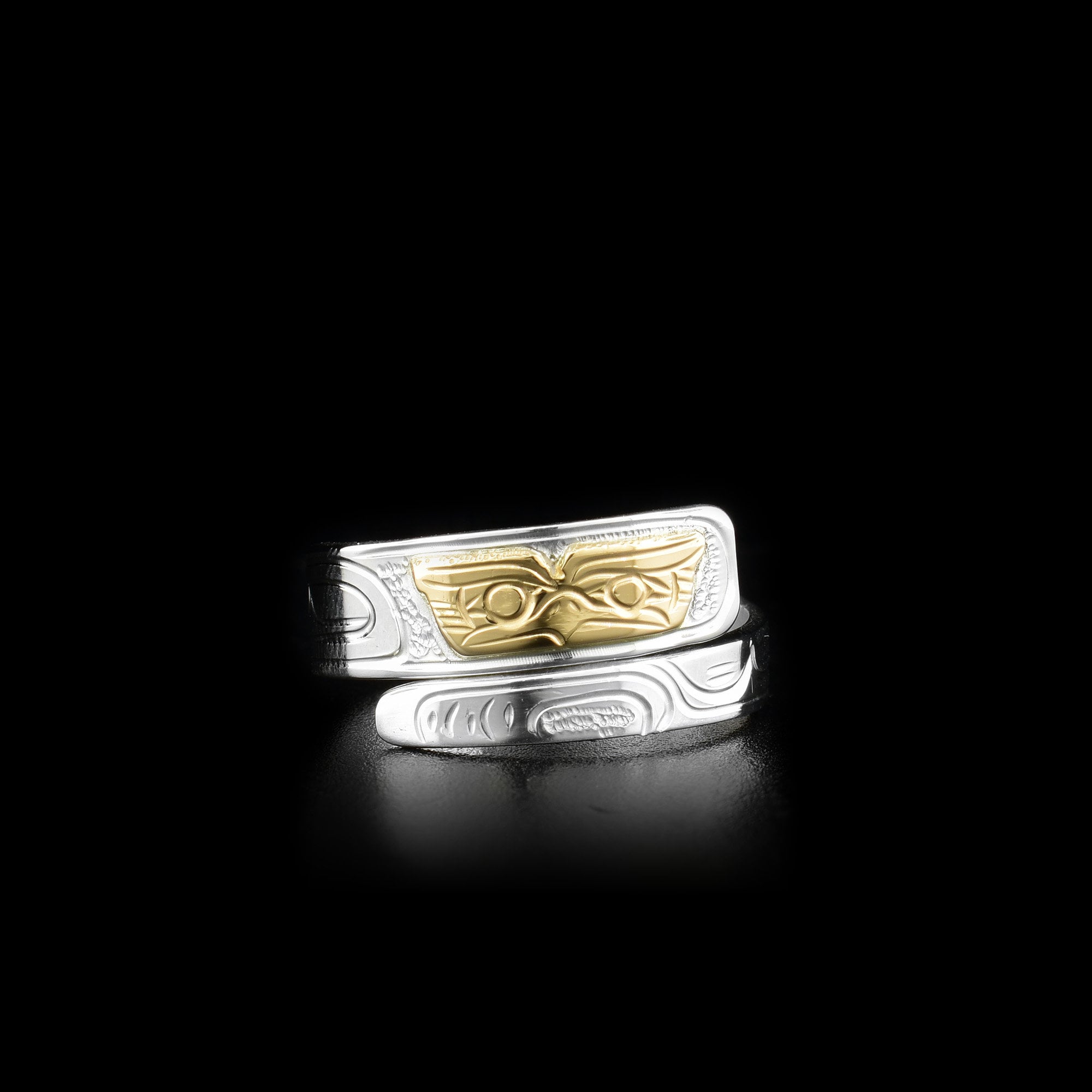 Northwest Coast Indigenous, Hand Carved Wrapped Owl Sterling Silver and 14K Gold Ring, First Nations
