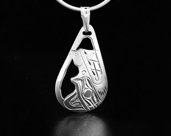 Canadian Indigenous, Hand Carved Sterling Silver Teardrop Wolf Pendant, First Nations Native Jewellery, Kwakwaka'wakw