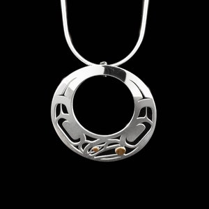 Canadian First Nations, Sterling Silver Offset Raven Pendant with 14K Gold, Indigenous Native Jewellery, Tahltan Nation