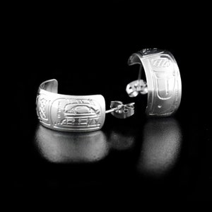 Canadian First Nations, Hand Carved Sterling Silver 3/8&quot; Orca Hoop Earrings, Indigenous Native Jewellery, Coast Salish