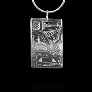 Canadian First Nations, Hand Carved Sterling Silver Rectangle Double Sided Orca Pendant, Indigenous Native Jewellery, Coast Salish