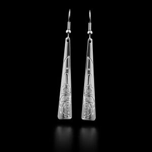 Canadian First Nations, Hand Carved Sterling Silver Orca Long Drop Triangle Earrings, Indigenous Native Jewellery, Coast Salish