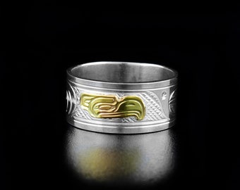Canadian First Nations, Hand Carved 14K Gold and Sterling Silver 3/8" Eagle Ring, First Nations Jewellery, Kwakwaka'wakw