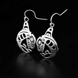 Canadian First Nations, Cutout Sterling Silver Cresting Orca Earrings, Indigenous Native Jewellery, Tahltan Nation