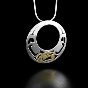 Canadian First Nations, Sterling Silver and 14K Gold Offset Raven Pendant, Indigenous Native Jewellery, Tahltan Nation