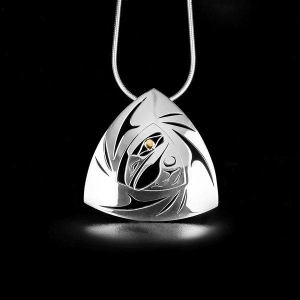 Canadian First Nations, Sterling Silver and 18k Gold Triangle Raven Pendant, Indigenous Native Jewellery, Tahltan Nation