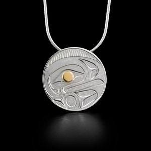 Canadian First Nations, Hand Carved Sterling Silver And 14K Gold Raven Circle Pendant, Indigenous Native Jewellery, Kwakwaka&#39;wakw
