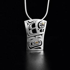 Canadian First Nations, Cutout Sterling Silver and 18K Gold Small Raven Box Crest Pendant, Indigenous Native Jewellery, Tahltan Nation