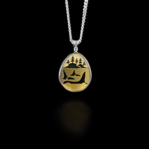 Small BC Jade Orca Passage Pendant, Dennis Kangasniemi, A+ Grade BC Jade, 14K Gold, Sterling Silver
